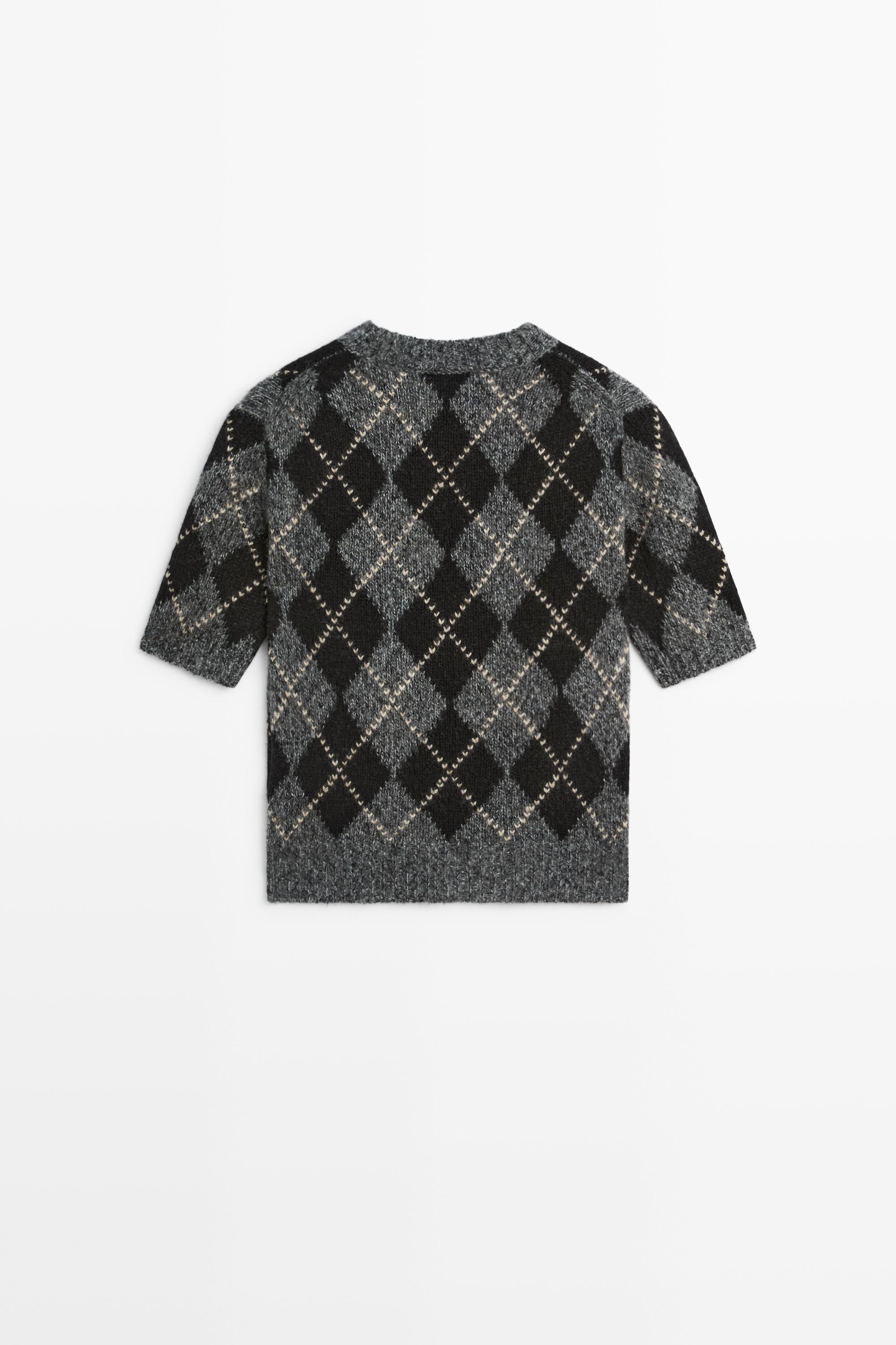 Pull en maille manches courtes à motif losanges cachemire